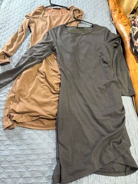 Long Sleeve Midi Dress in Brown and Charcoal — Classic Women’s Knit Dress